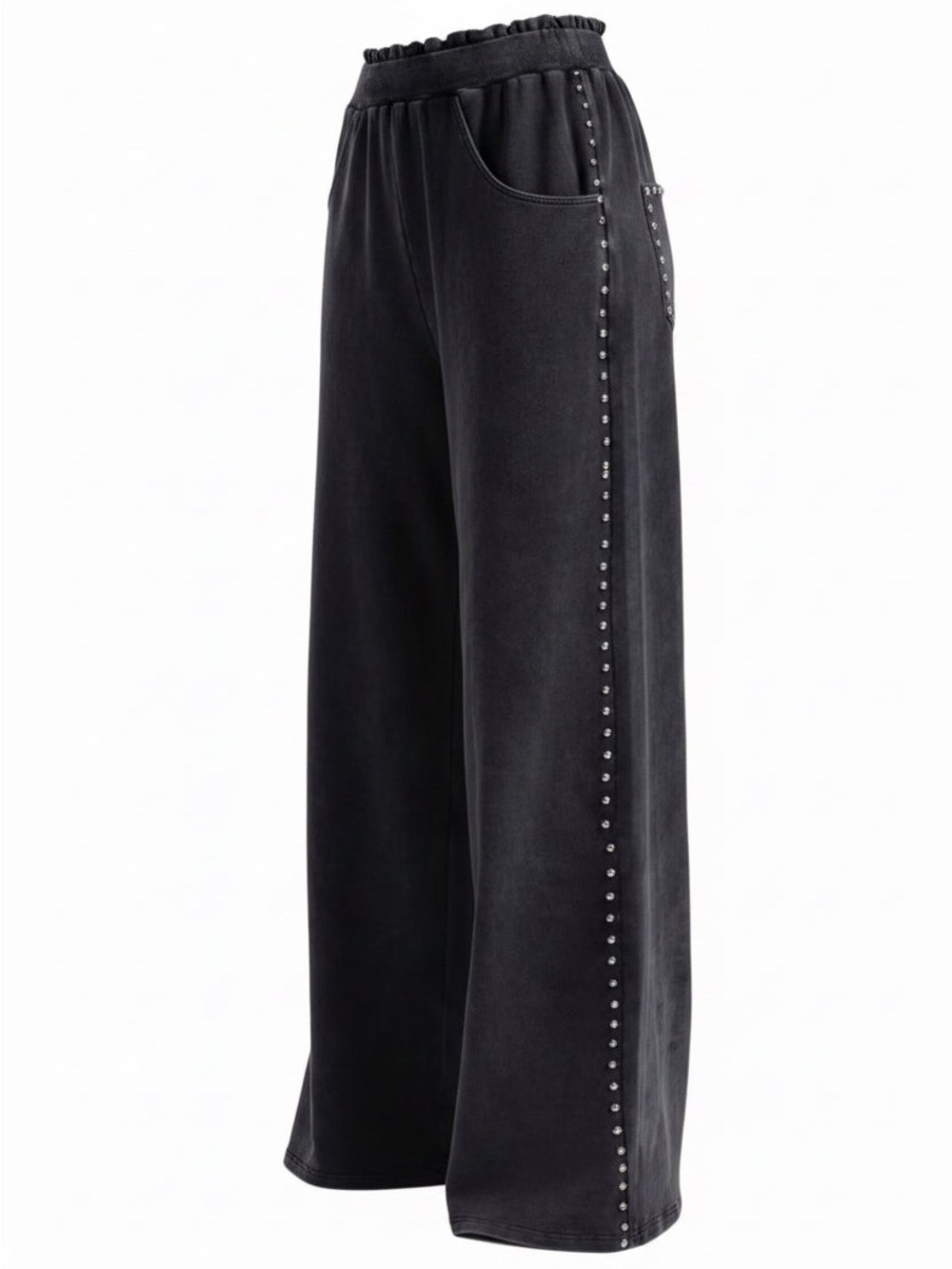 Wide Leg Black Stud-Trim Sweatpants